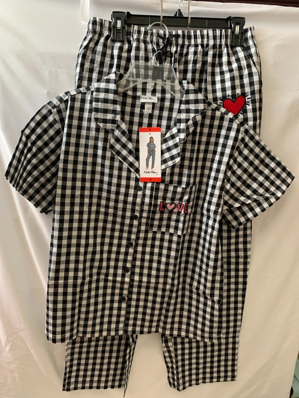 KEITH HARING Gingham Notch Collar Pajamas Set in Black/White Sz MEDIUM